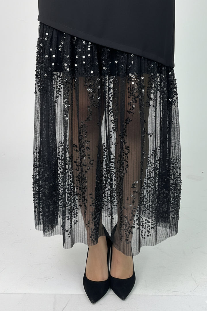 Black Lace & Sequin Midi Dress