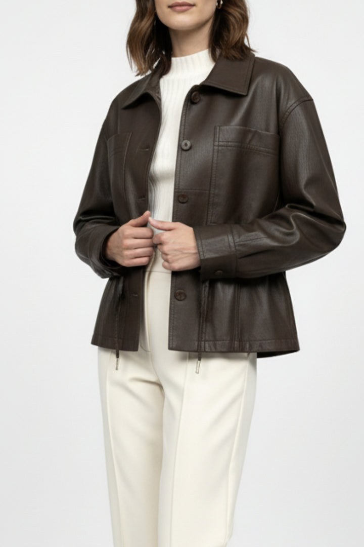 Mocha Drawstring Faux Leather Jacket