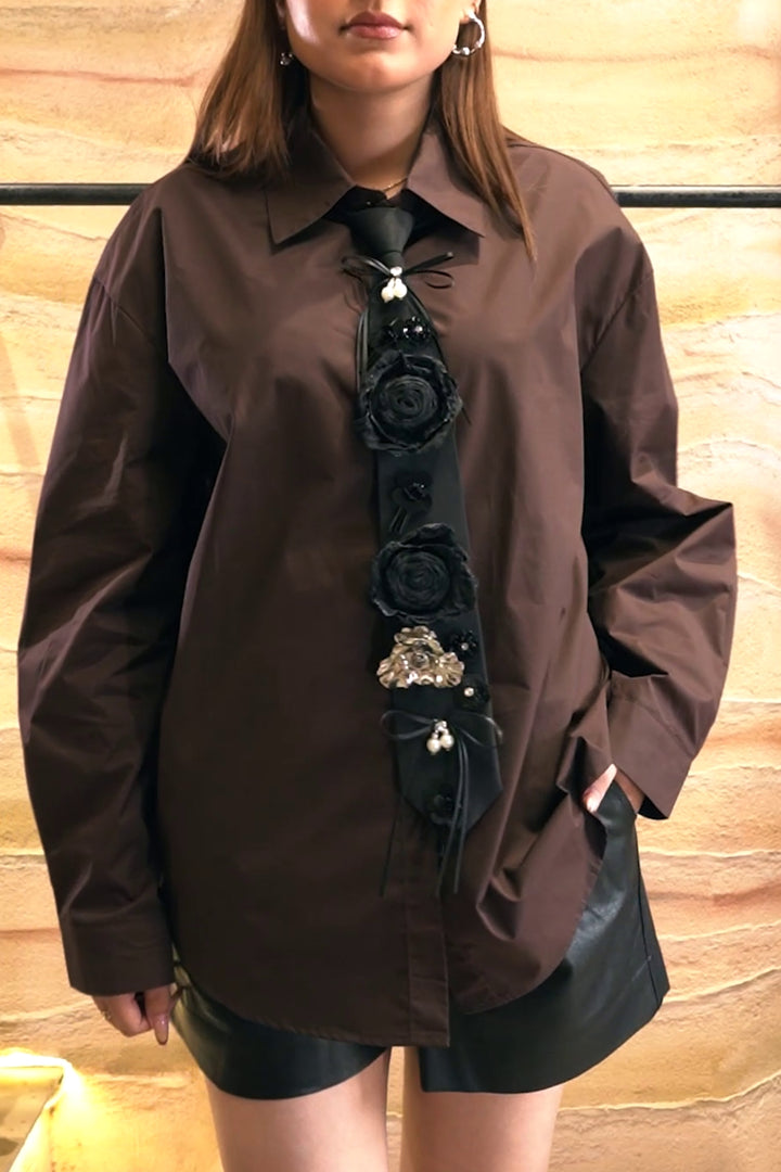 Cocoa Tie-Up Floral Embellished Shirt