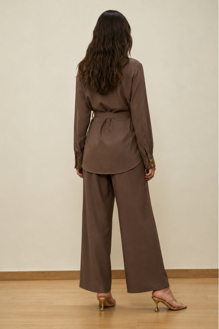 Cocoa Embellished Collar Belted Co-ord Set
