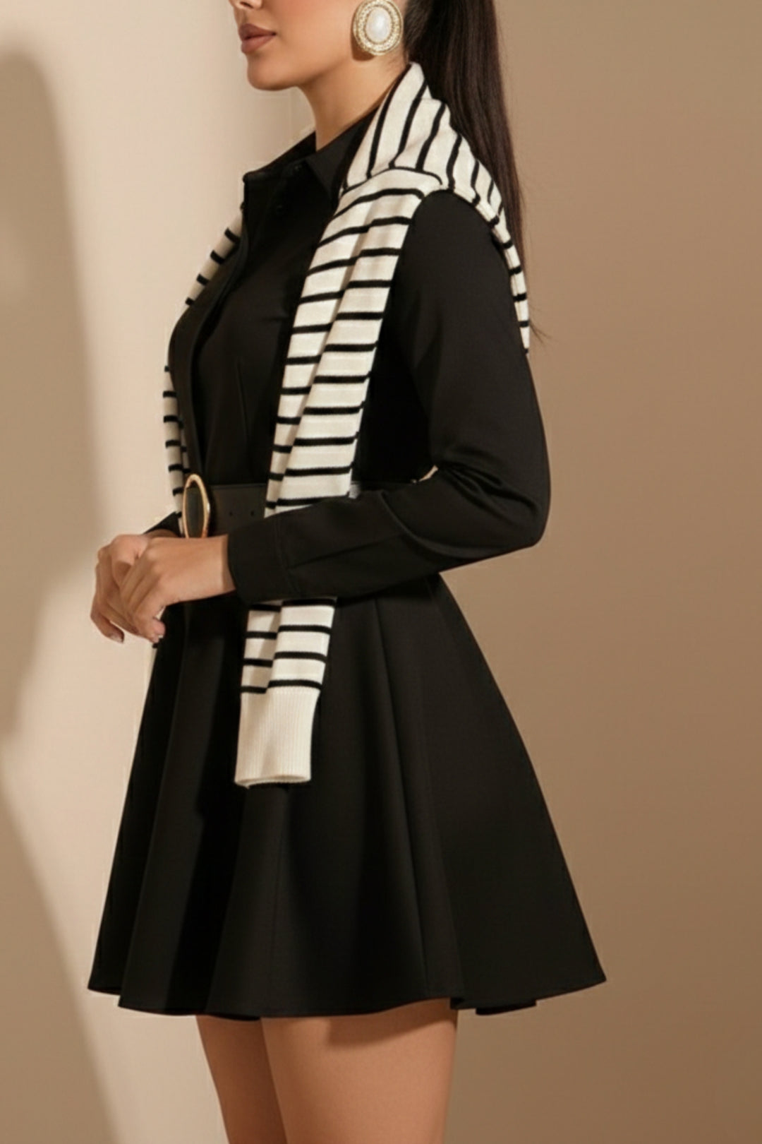 Black Belted White Overlay Shirt Dress