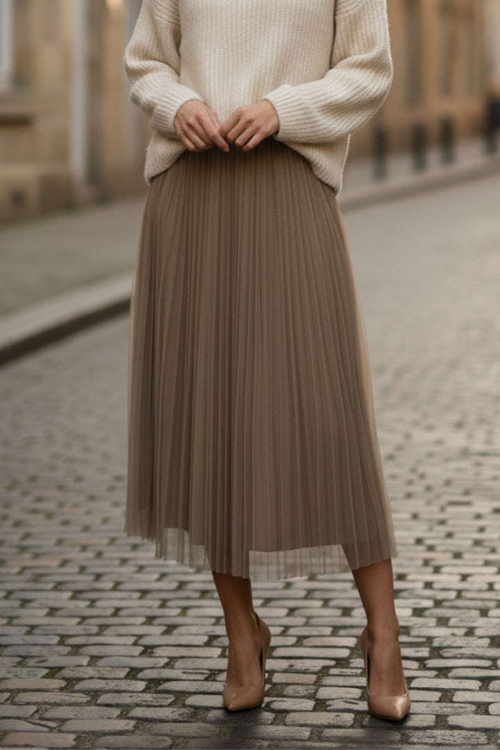 Beige Mesh Pleated Skirt