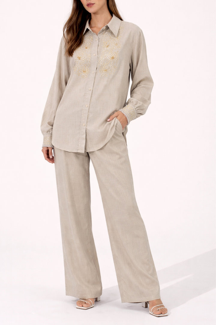 Beige & Gold Embroidered Linen Co-ord Set