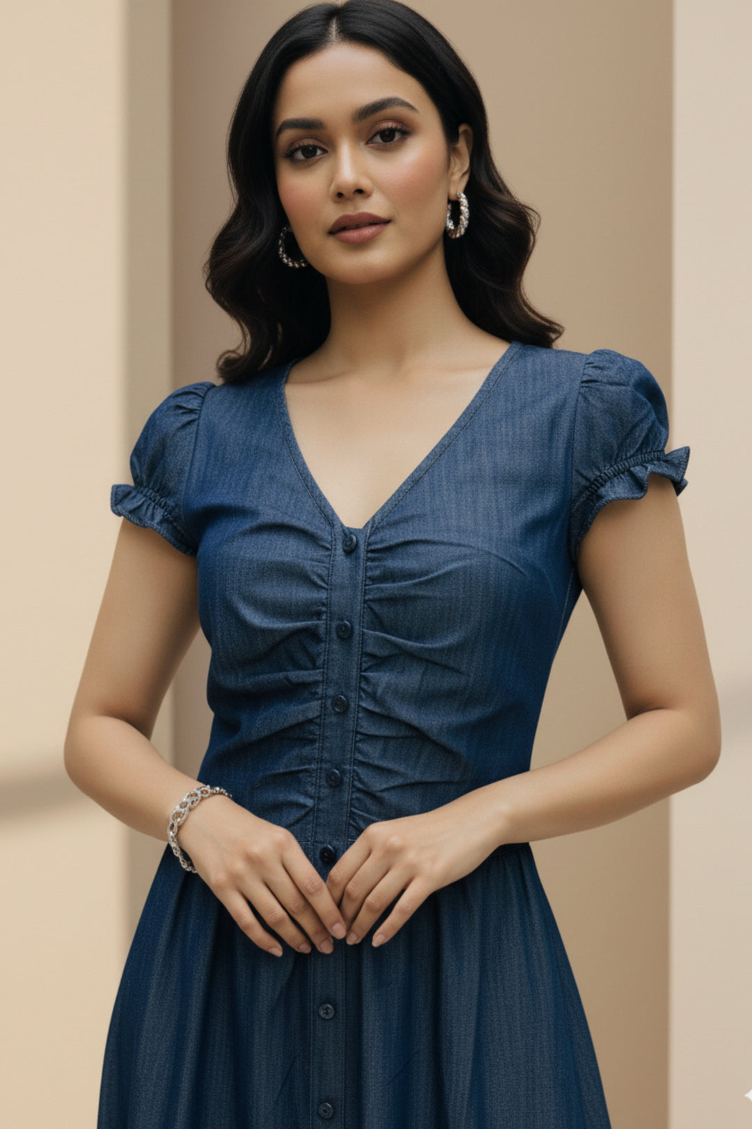 Cotton Denim V-Neck Puff Sleeve Dress