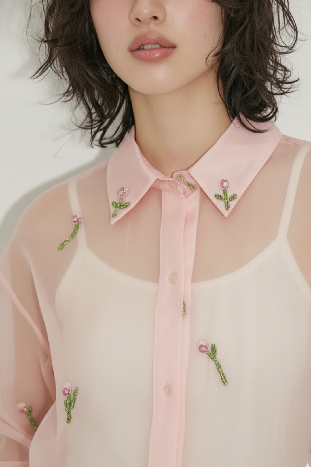 Pink Tissue Organza Embroidered Shirt