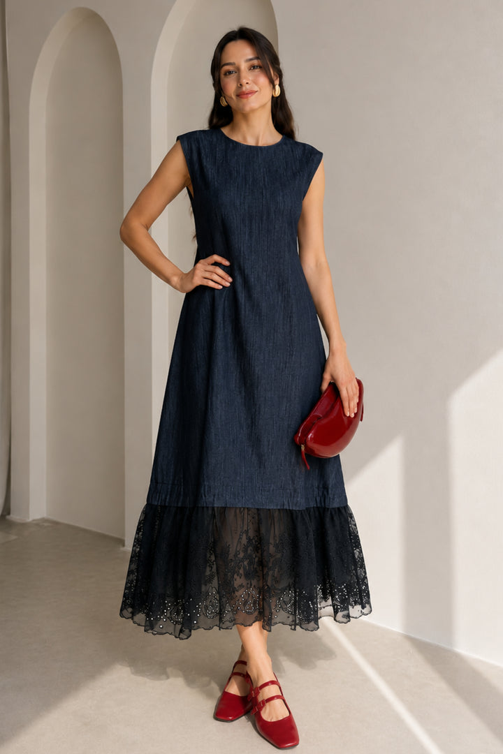 Indigo Denim Lace Hem Dress