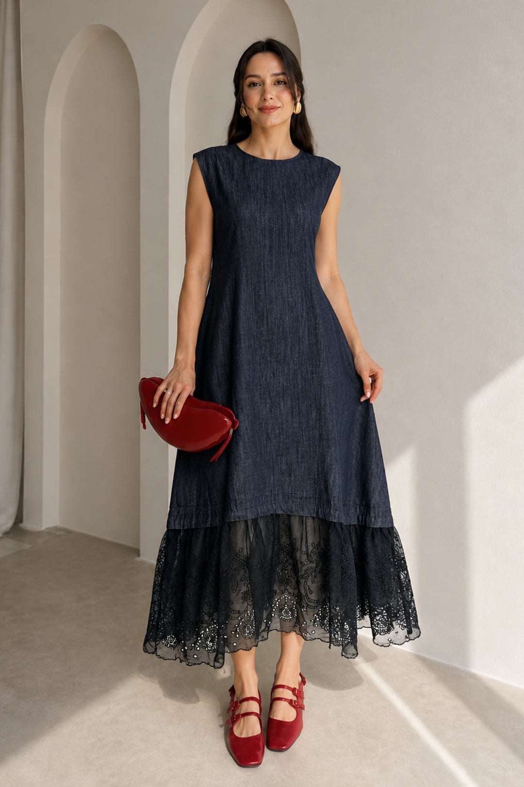 Indigo Denim Lace Hem Dress