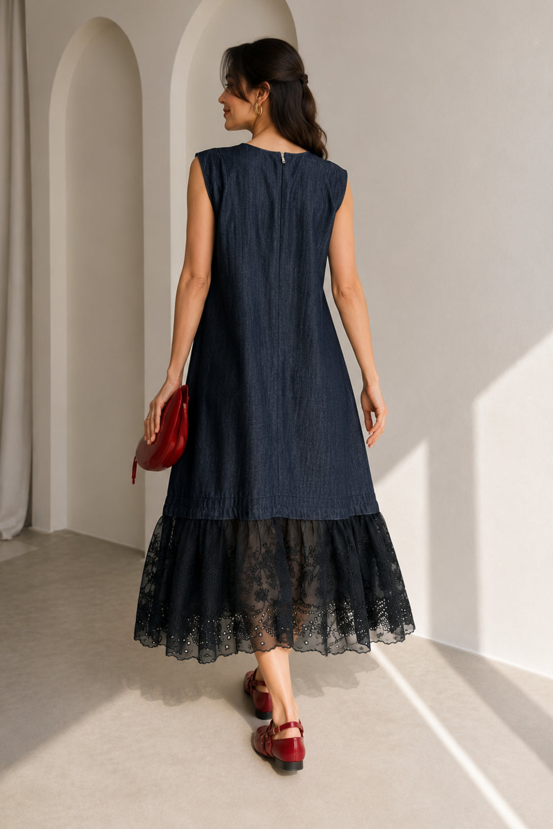 Indigo Denim Lace Hem Dress