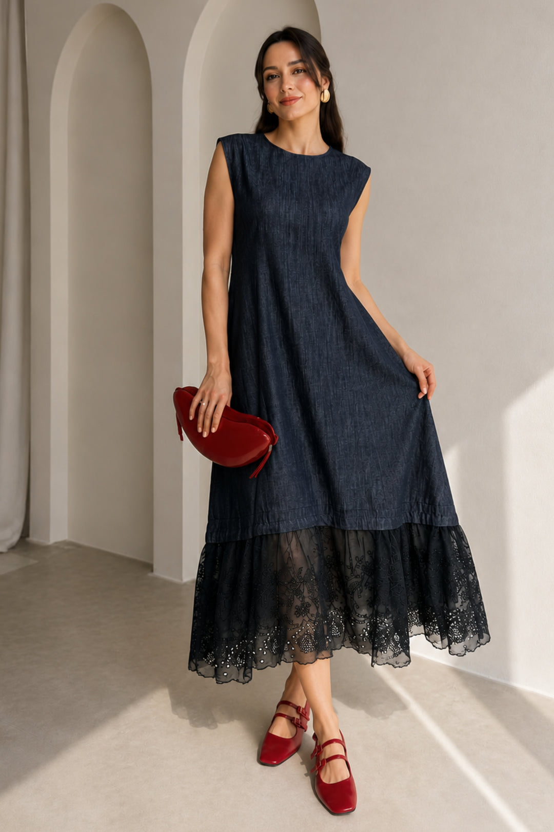 Indigo Denim Lace Hem Dress