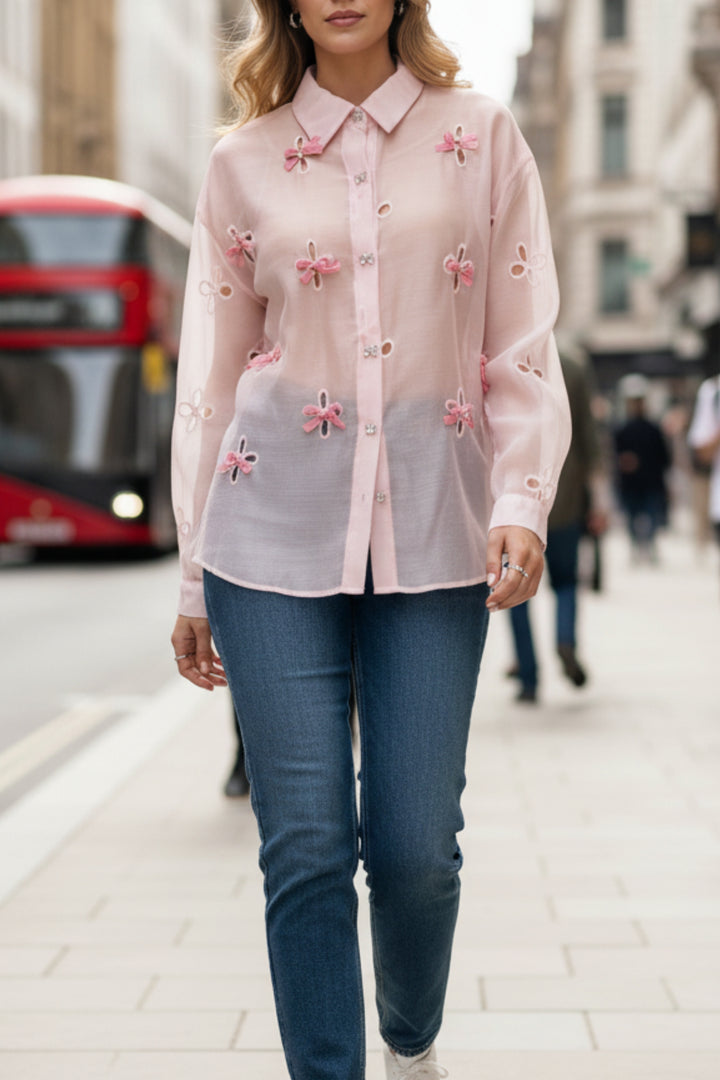 Pink Ribbon Cutwork Sheer Shirt