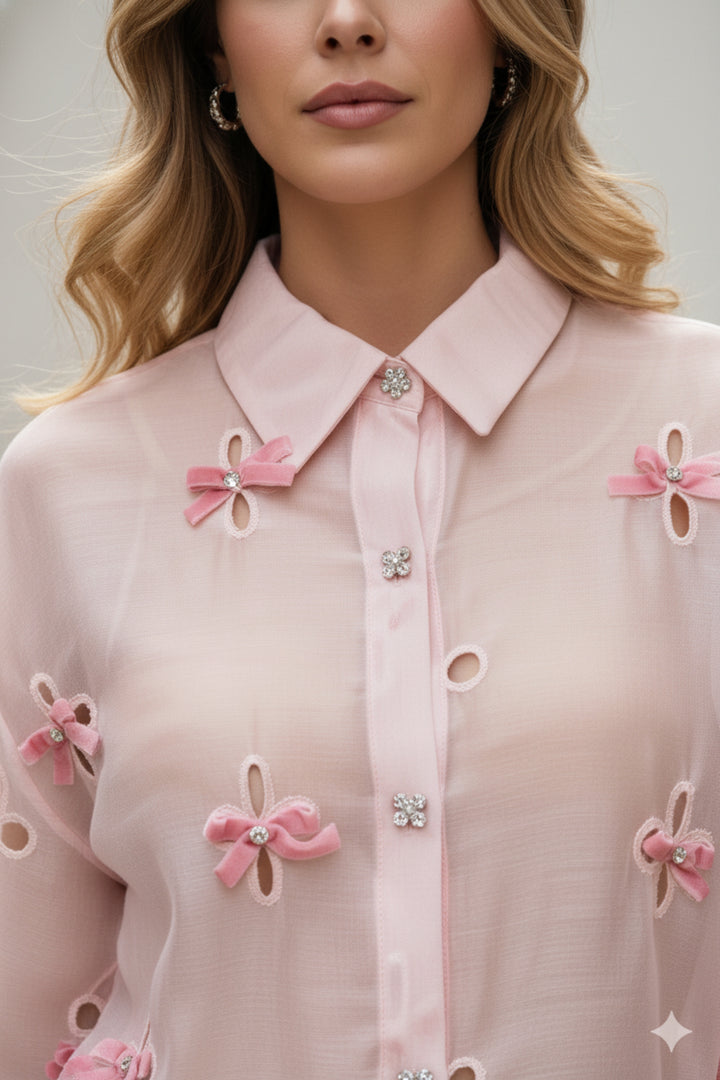 Pink Ribbon Cutwork Sheer Shirt
