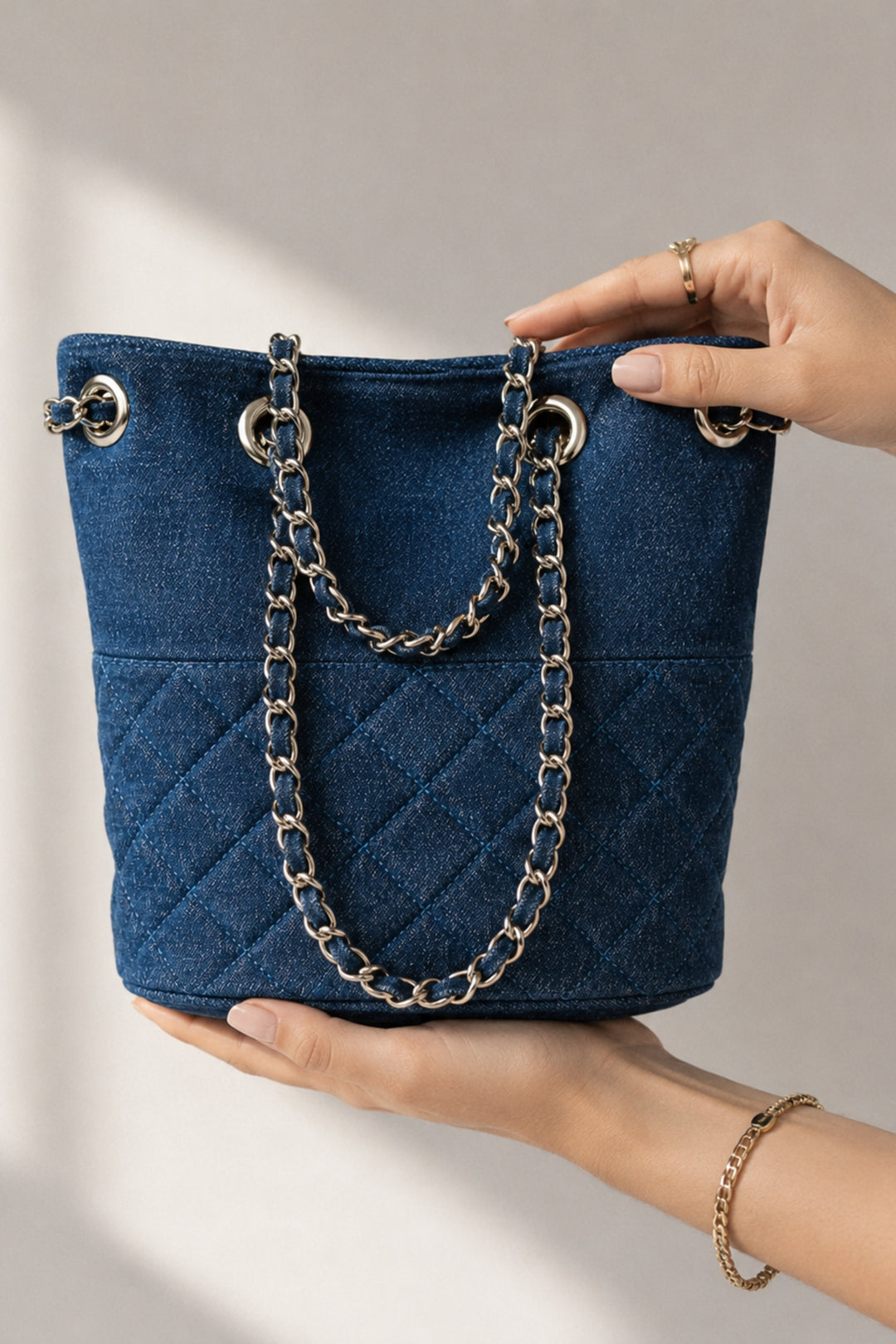 Denim Quilted Bucket Bag