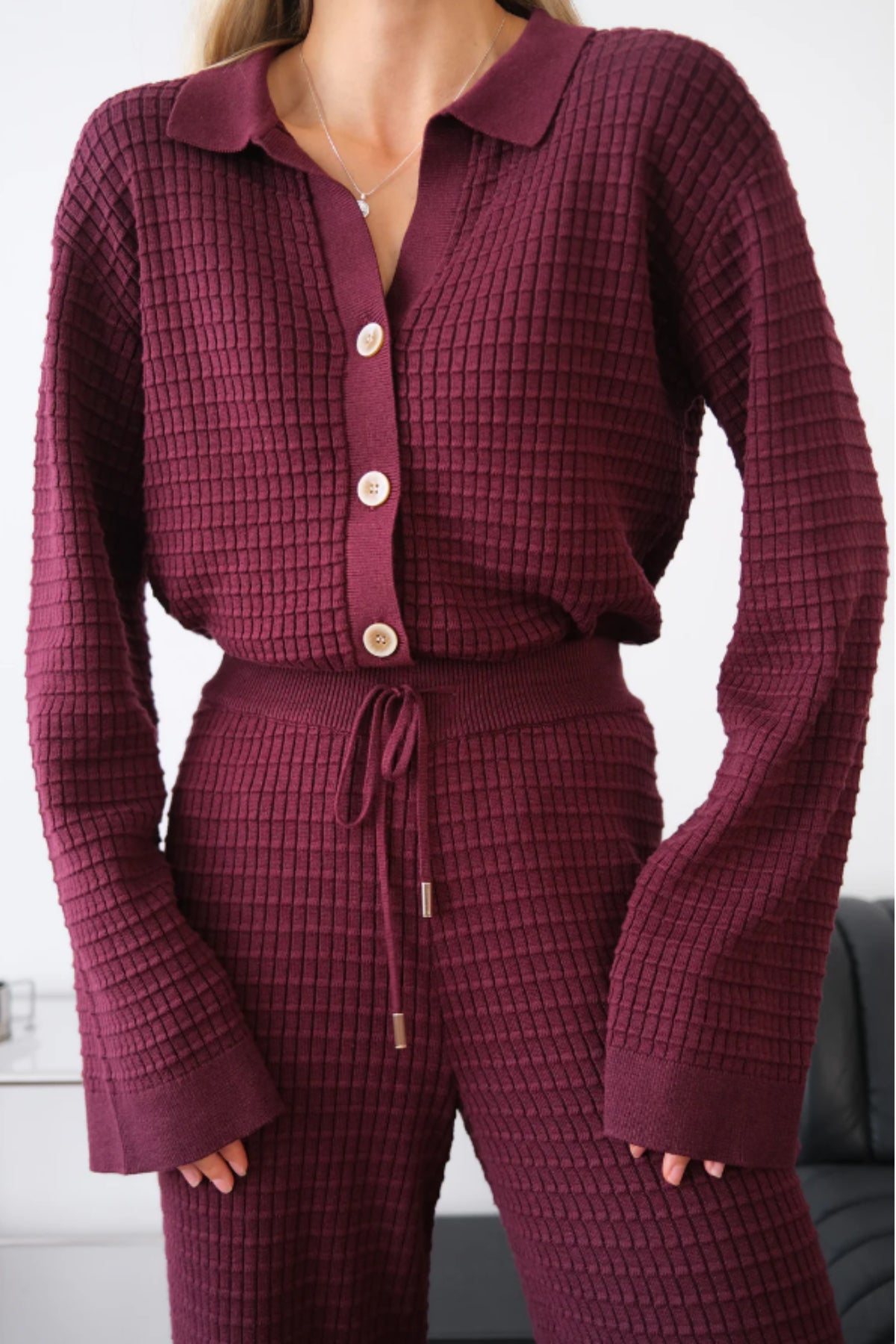 Wine Ribbed Knit Texture Wine Ribbed Collared Knit Co-ord Set | Chic Textured Lounge Set – Nolabels