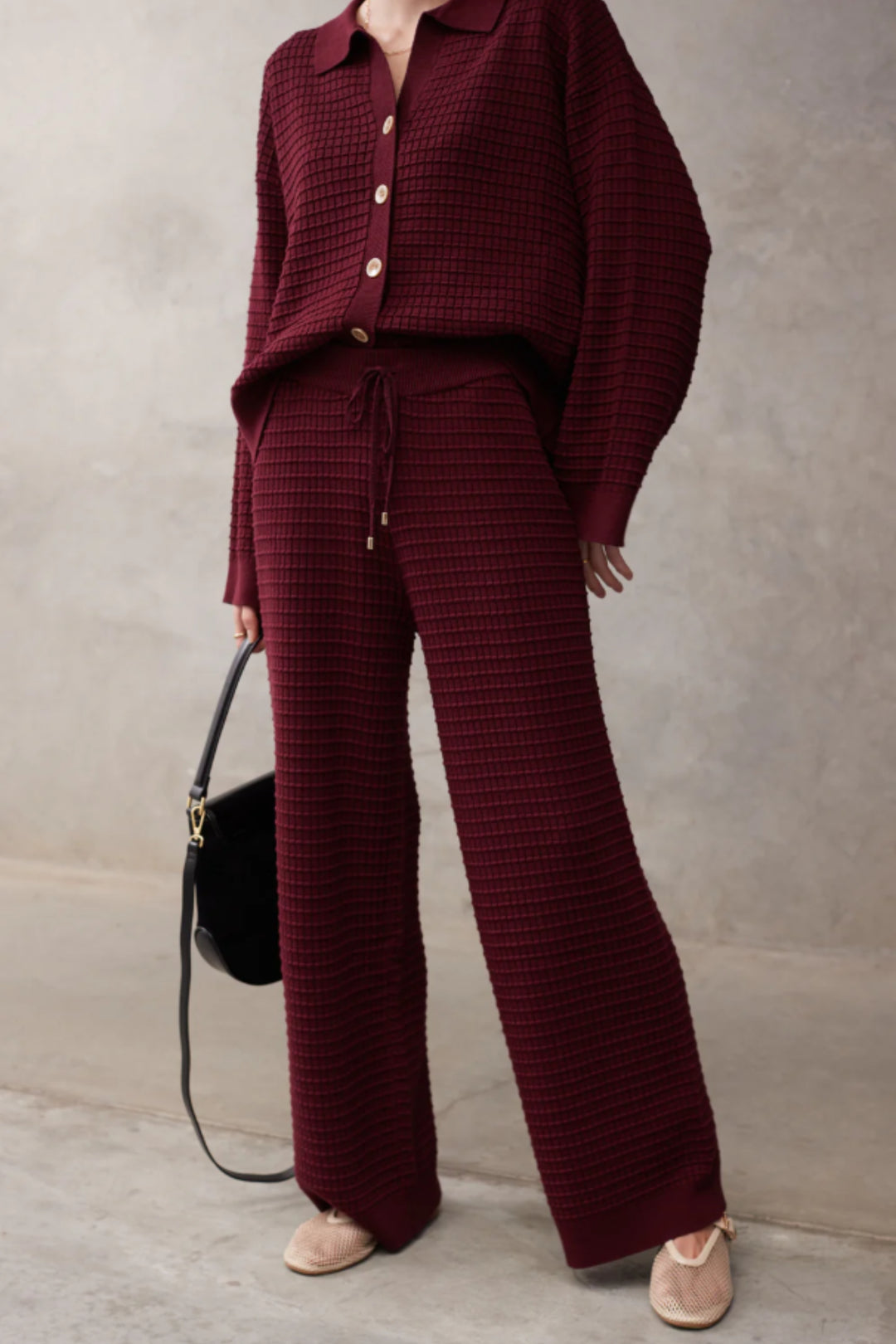 Wine Ribbed Knit Texture Wine Ribbed Collared Knit Co-ord Set | Chic Textured Lounge Set – Nolabels