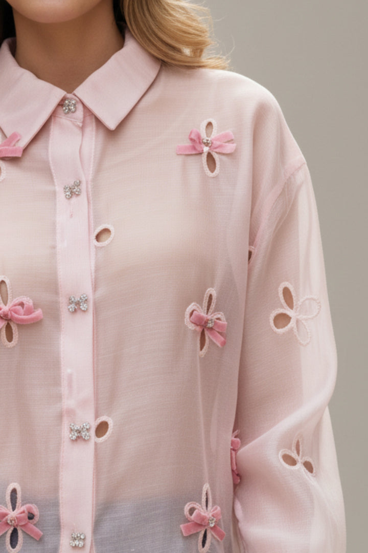 Pink Ribbon Cutwork Sheer Shirt