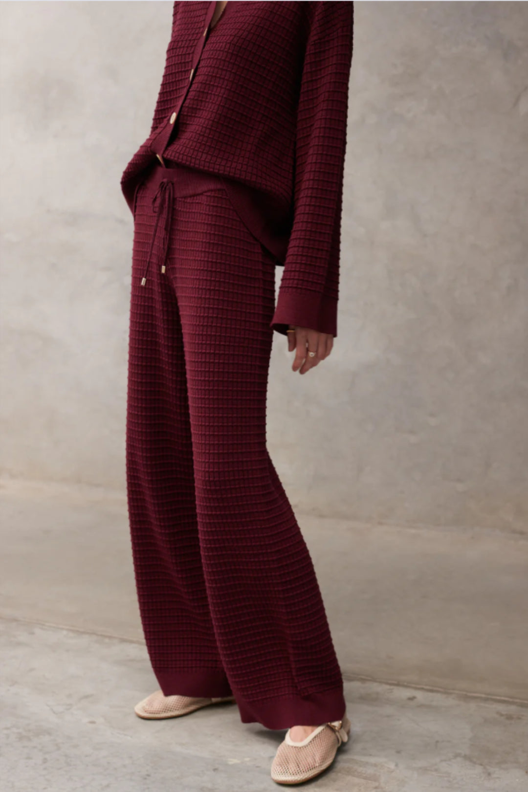 Wine Ribbed Knit Texture Wine Ribbed Collared Knit Co-ord Set | Chic Textured Lounge Set – Nolabels