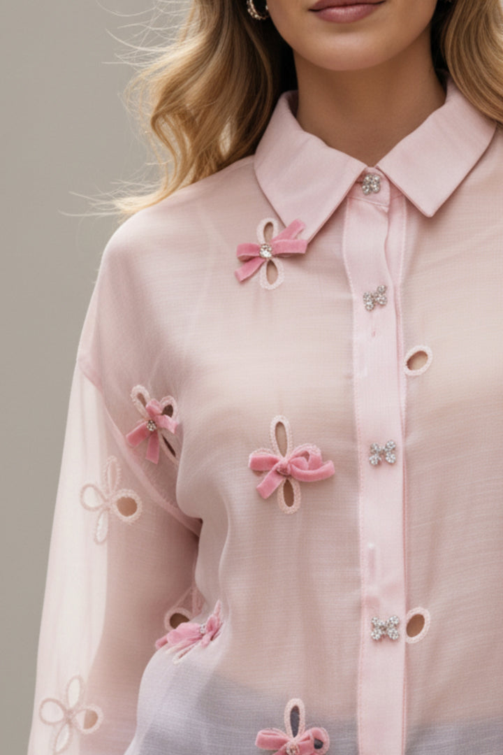Pink Ribbon Cutwork Sheer Shirt
