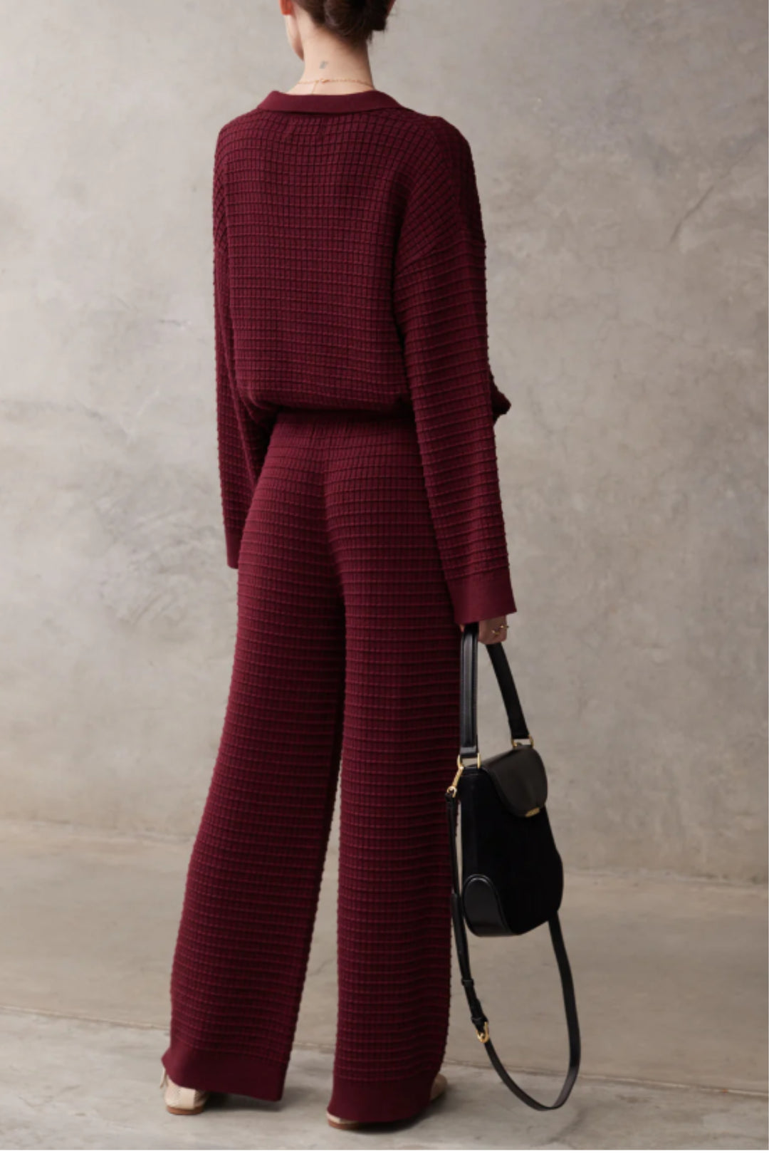 Wine Ribbed Collared Knit Co-ord Set