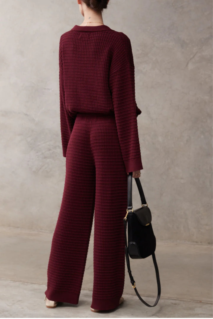 Wine Ribbed Collared Knit Co-ord Set