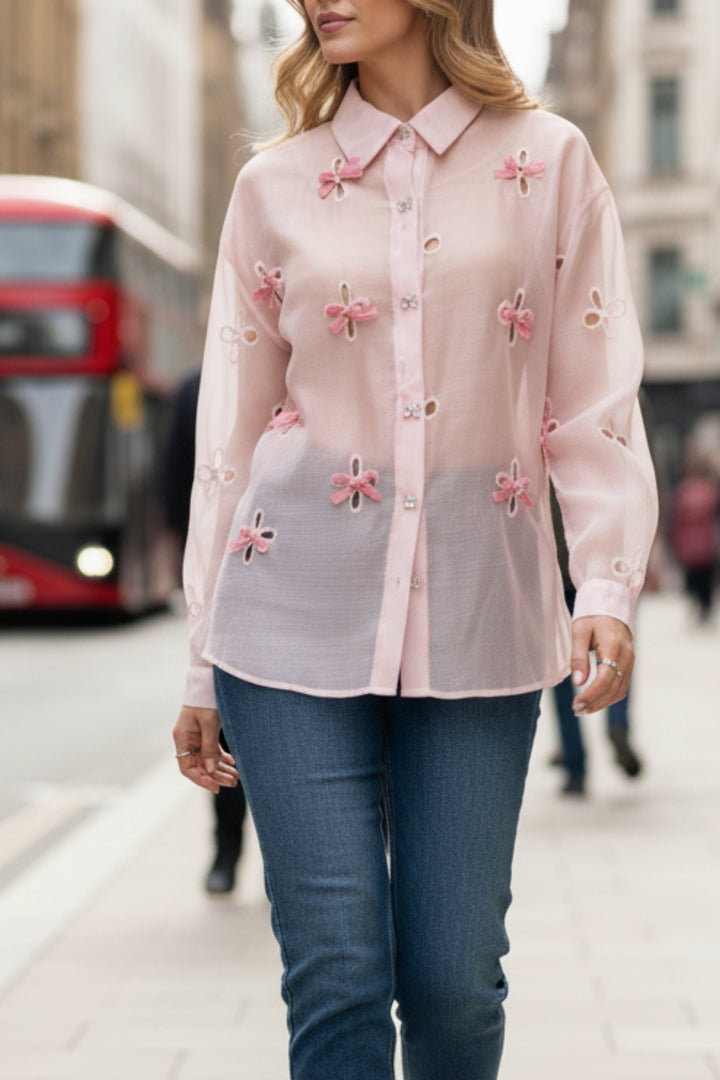 Pink Ribbon Cutwork Sheer Shirt