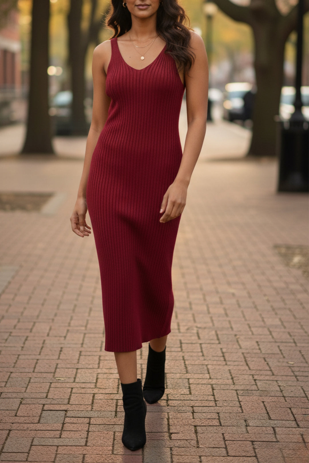 Red Sleeveless Dress with Waist Tie Cardigan