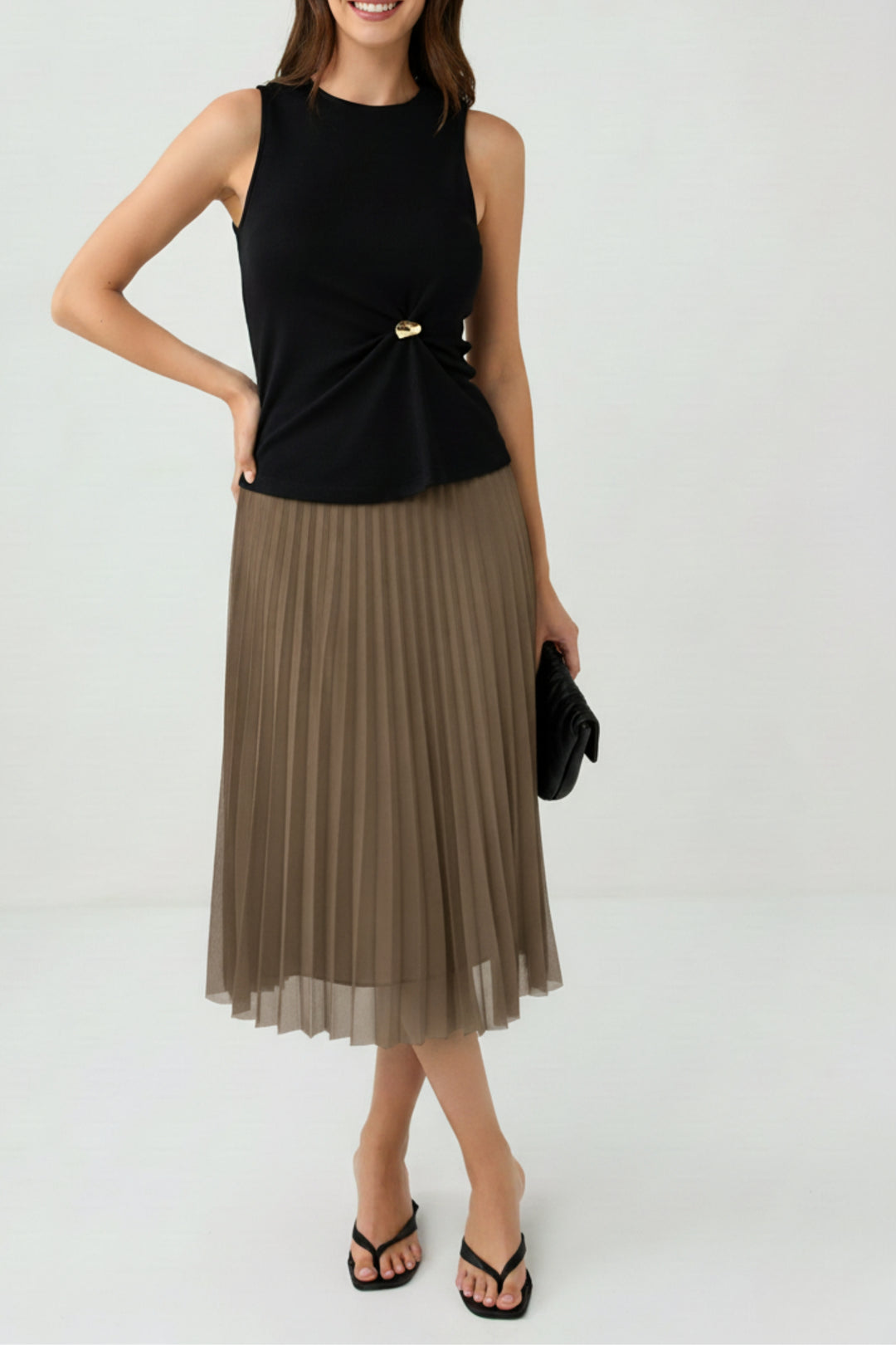 Beige Mesh Pleated Skirt