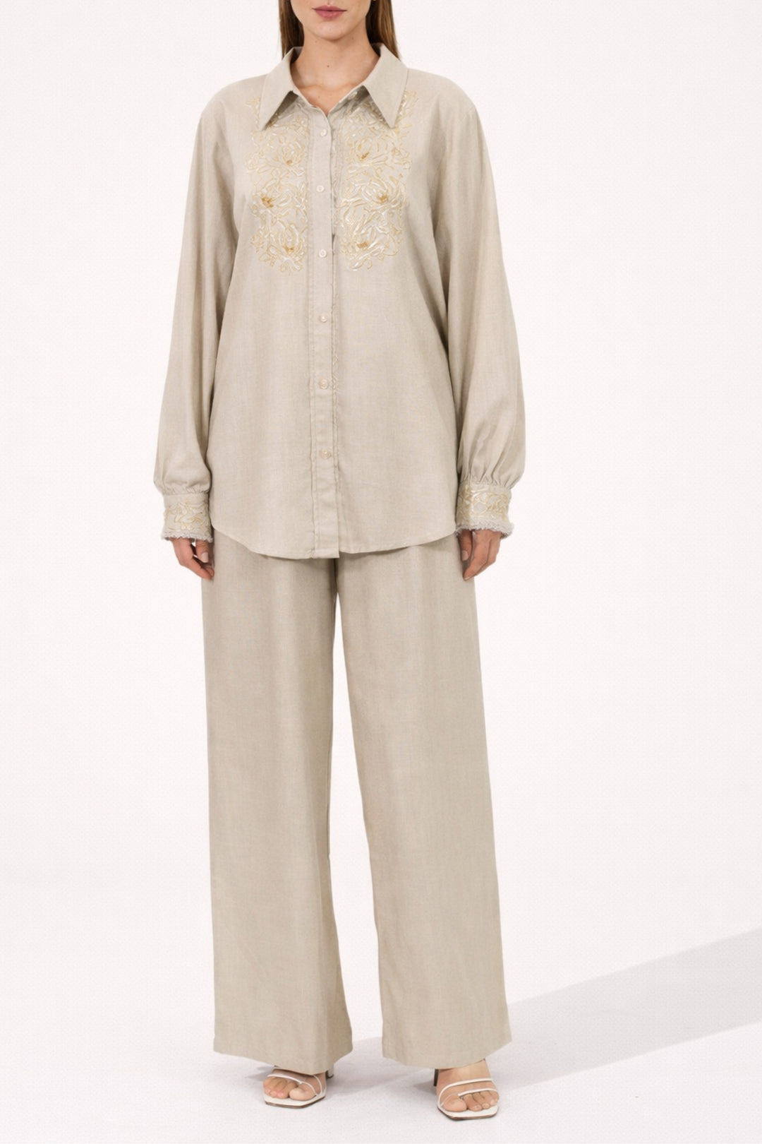 Beige & Gold Embroidered Linen Co-ord Set