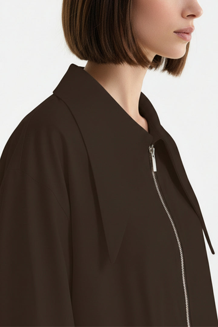 Wide-Lapel Espresso Zip Utility Shirt