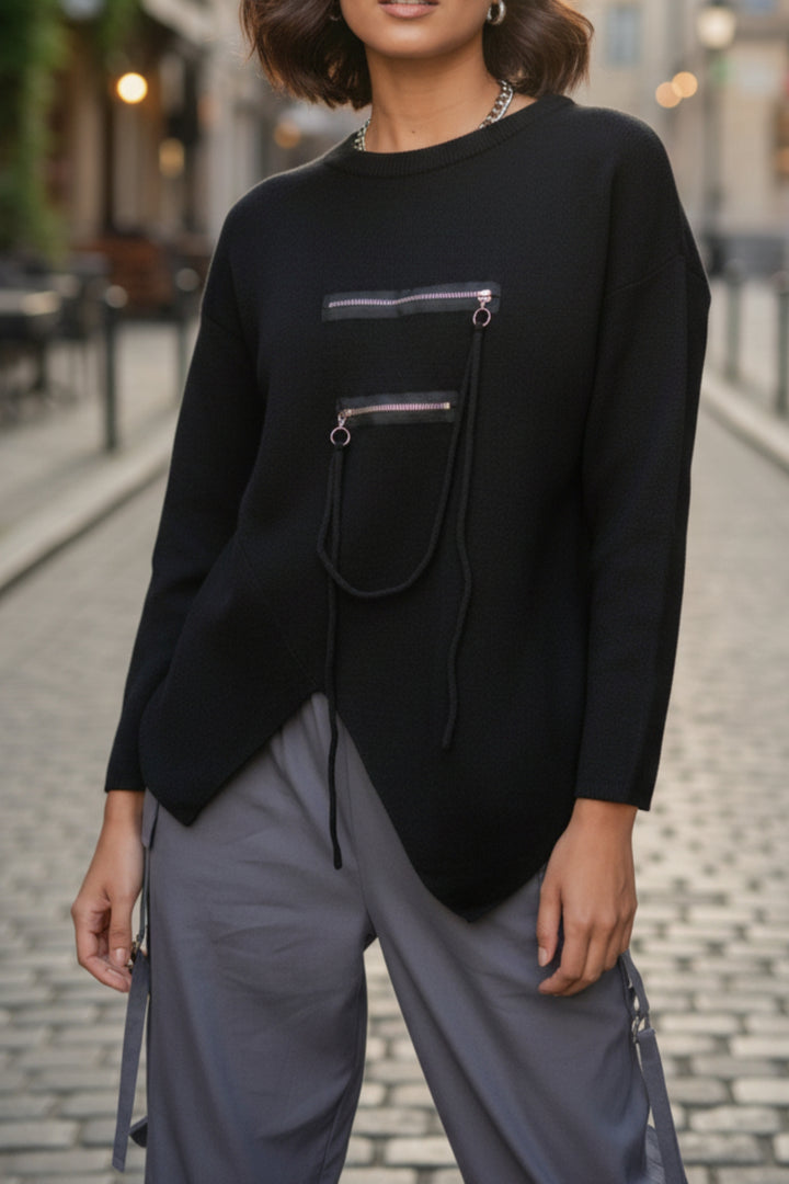 Black Zipline Geometrical Sweater