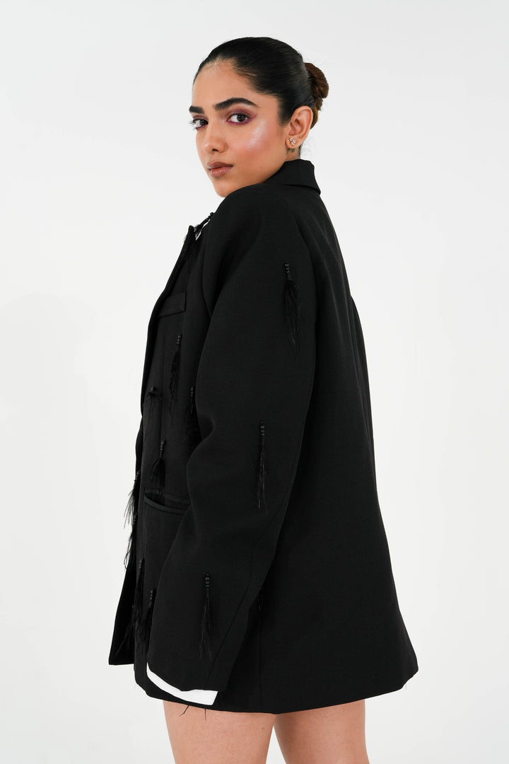 Feather Tassels Black Blazer
