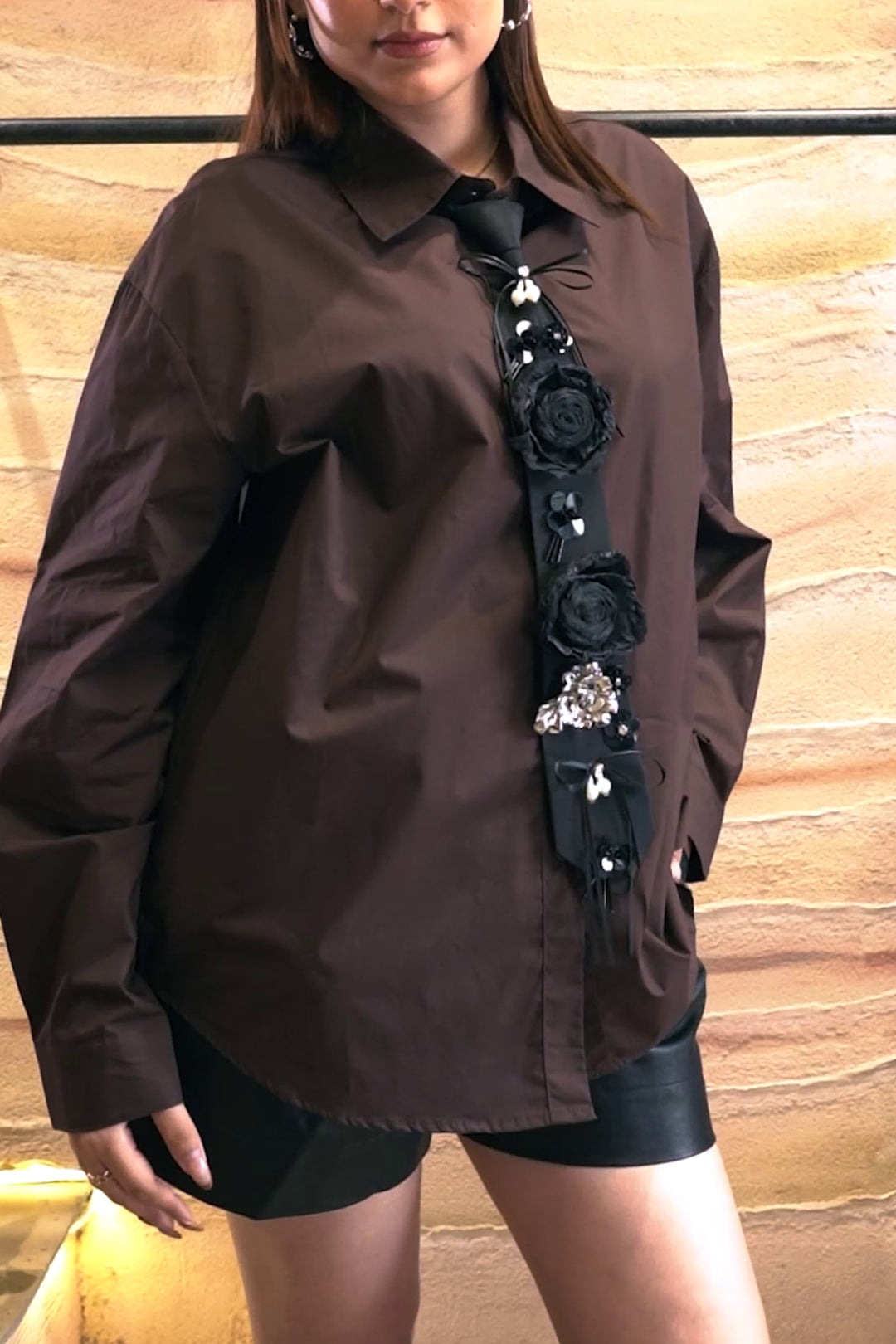 Cocoa Tie-Up Floral Embellished Shirt