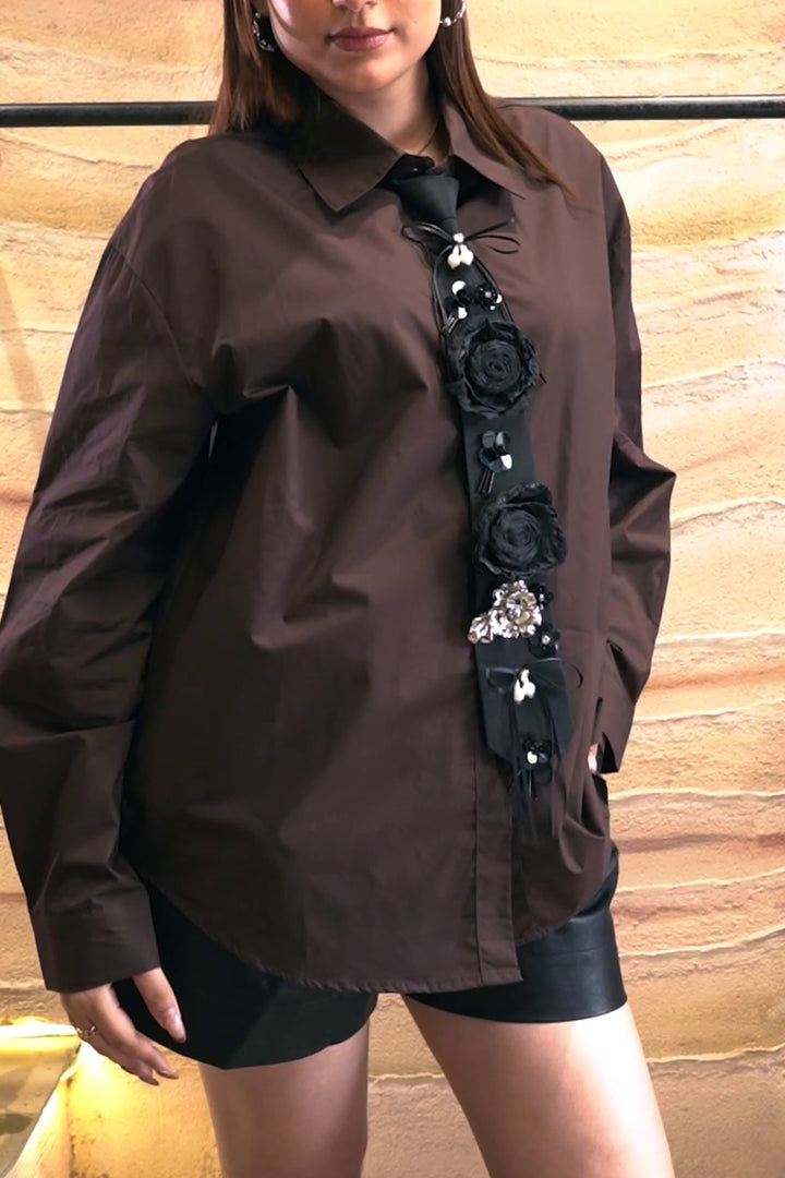 Cocoa Tie-Up Floral Embellished Shirt