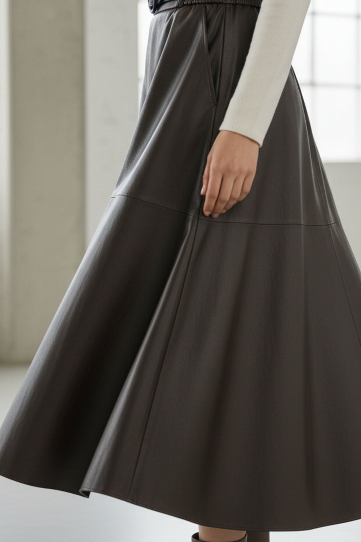 Espresso Belted Faux Leather Skirt