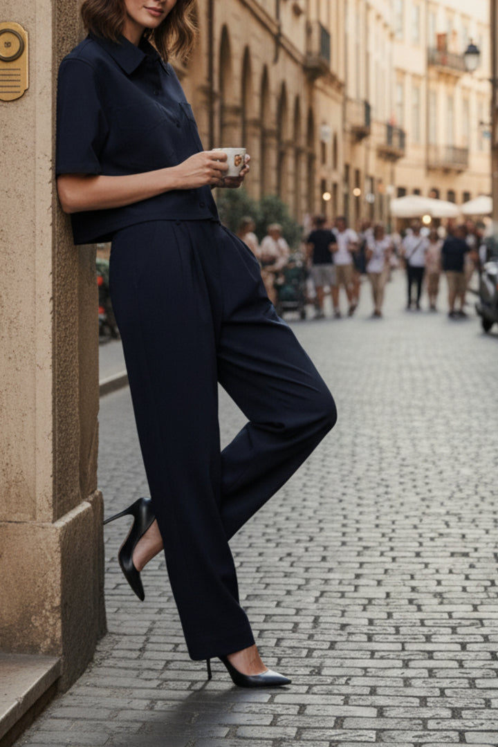 Blue Crop Shirt And Pant Coord Set