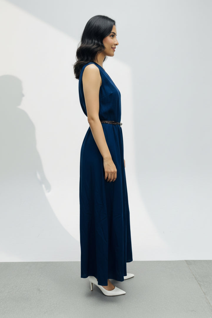 Sleeveless V-Neck Belted Maxi Dress