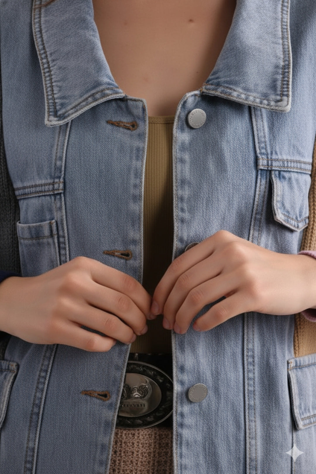 Colorblock Knit Sleeve Denim Shacket