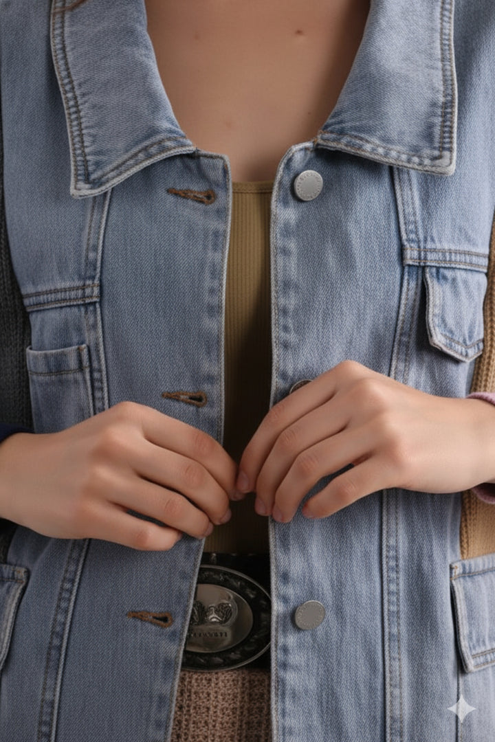 Colorblock Knit Sleeve Denim Shacket