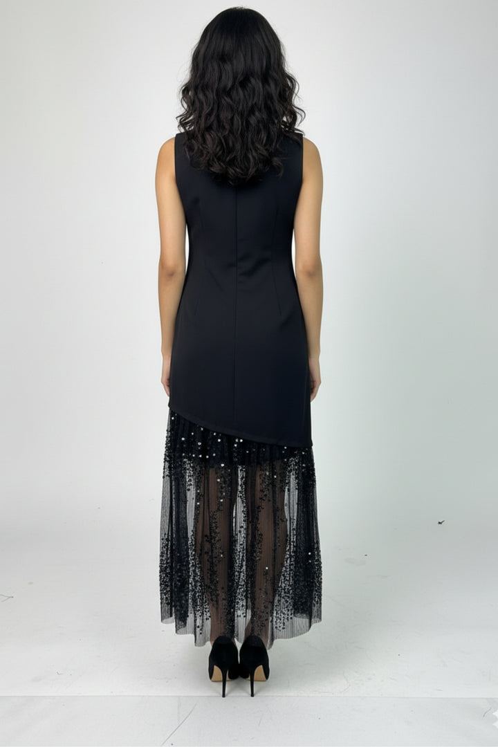 Black Lace & Sequin Midi Dress