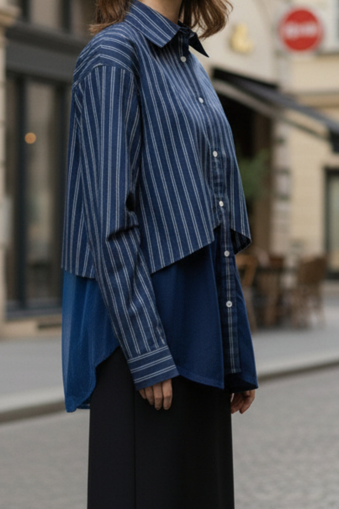 Midnight Blue Sheer Layered Stripe Shirt