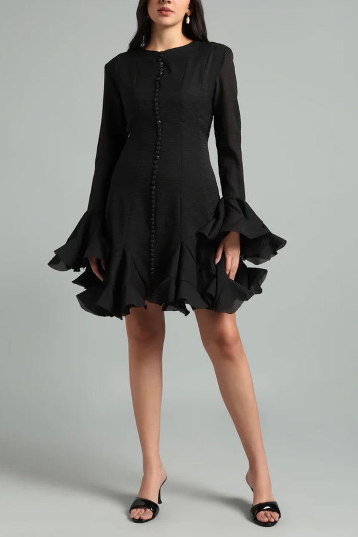 Black Godet Ruffled Dress