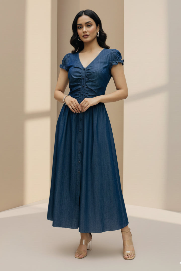Cotton Denim V-Neck Puff Sleeve Dress