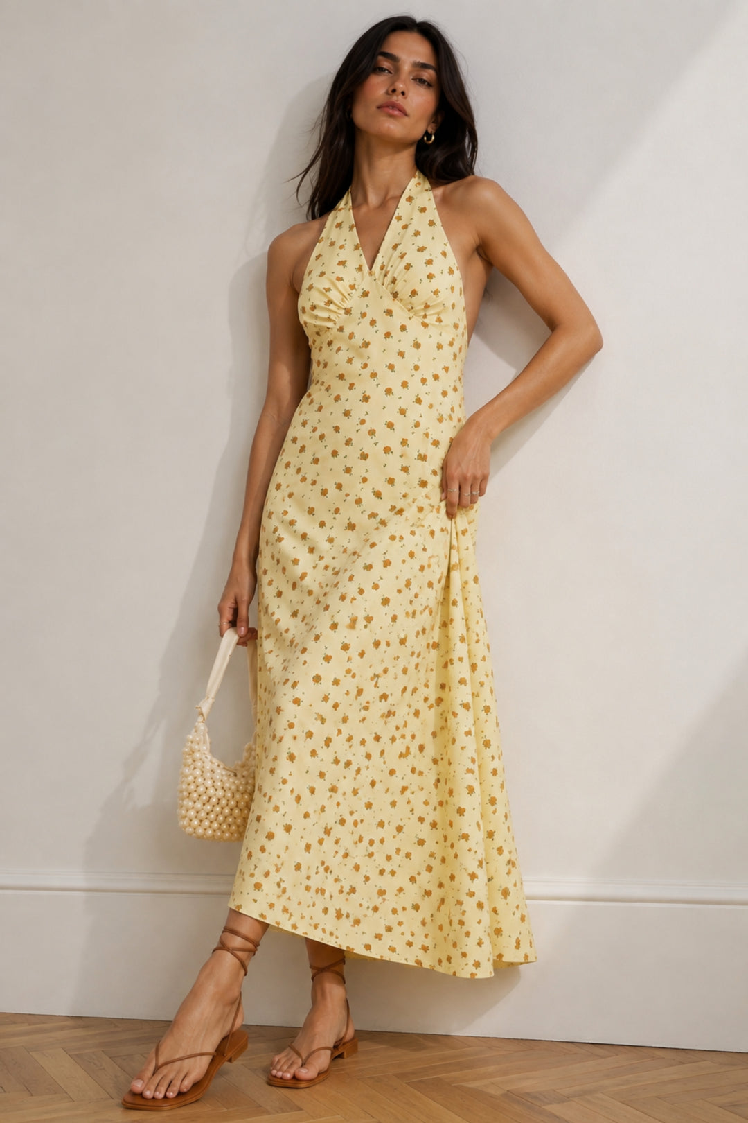 Yellow Floral Halter Neck Maxi Dress