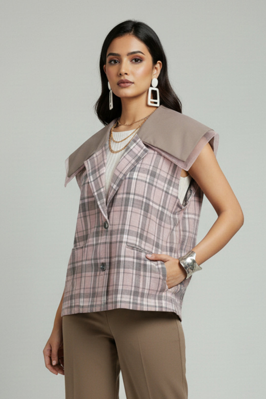 Pink Mocha Plaid Layered Vest