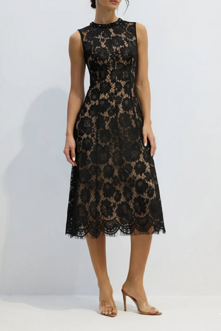 Noir Floral Lace Sleeveless Midi Dress