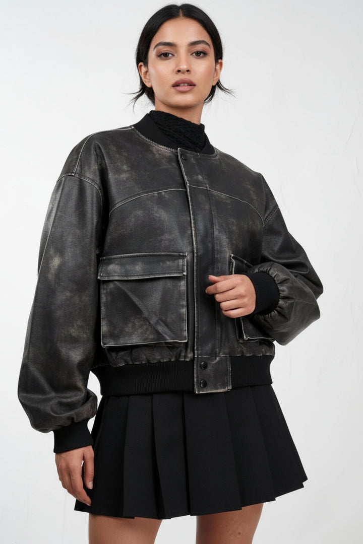 Textured Terrain Black Leather Jacket