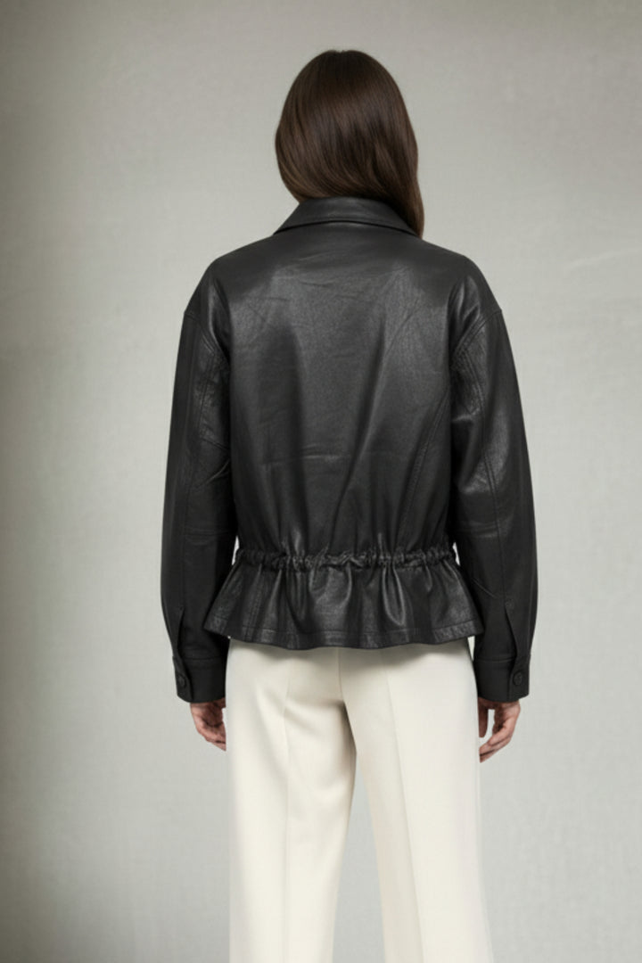 Noir Drawstring Faux Leather Jacket