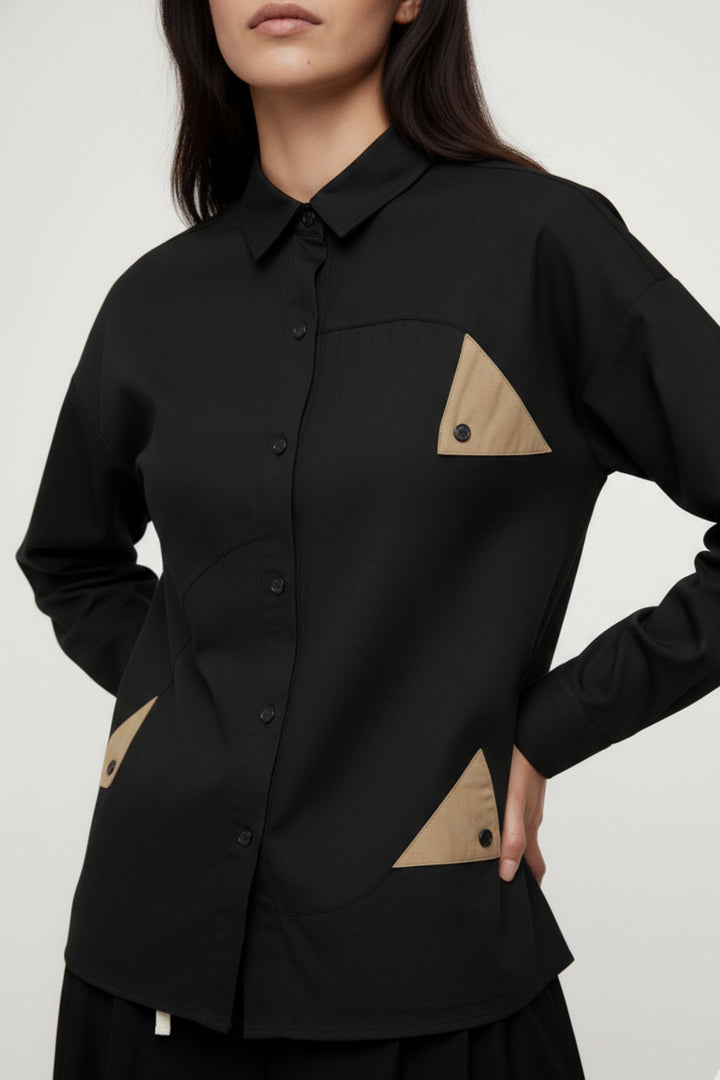 Cotton Black Shirt With Olive Flaps