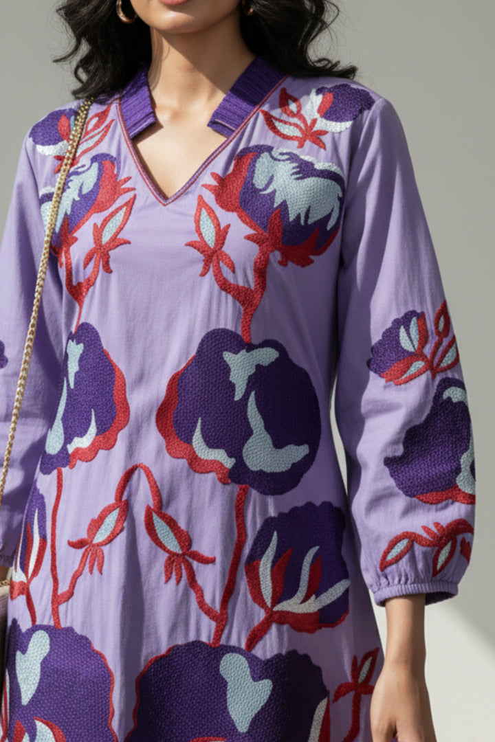 Purple Pleated Collar Embroidered Cotton Dress