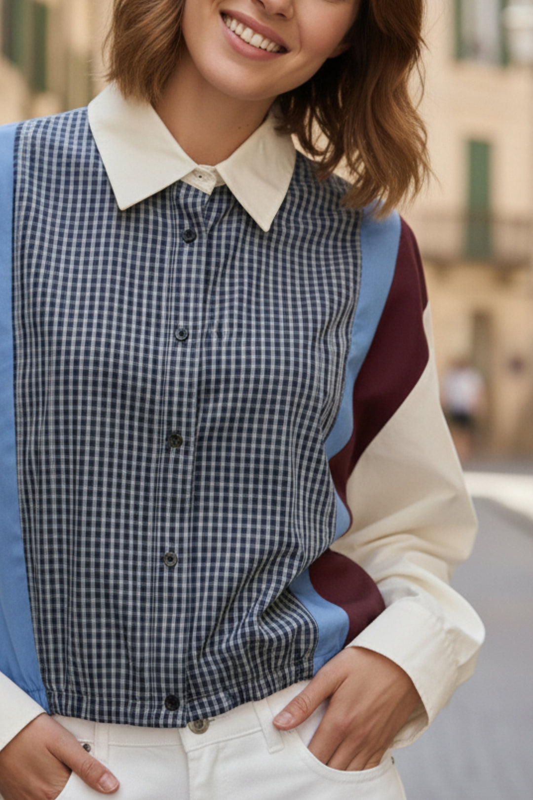 Colorblock Grid Contrast Shirt