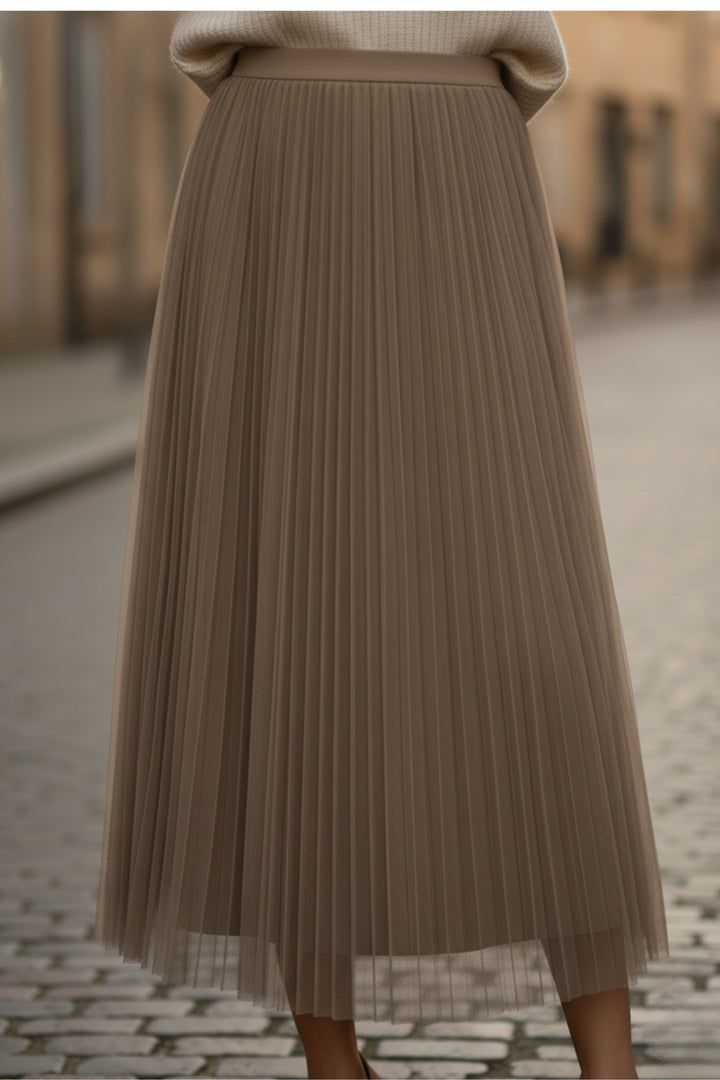 Beige Mesh Pleated Skirt
